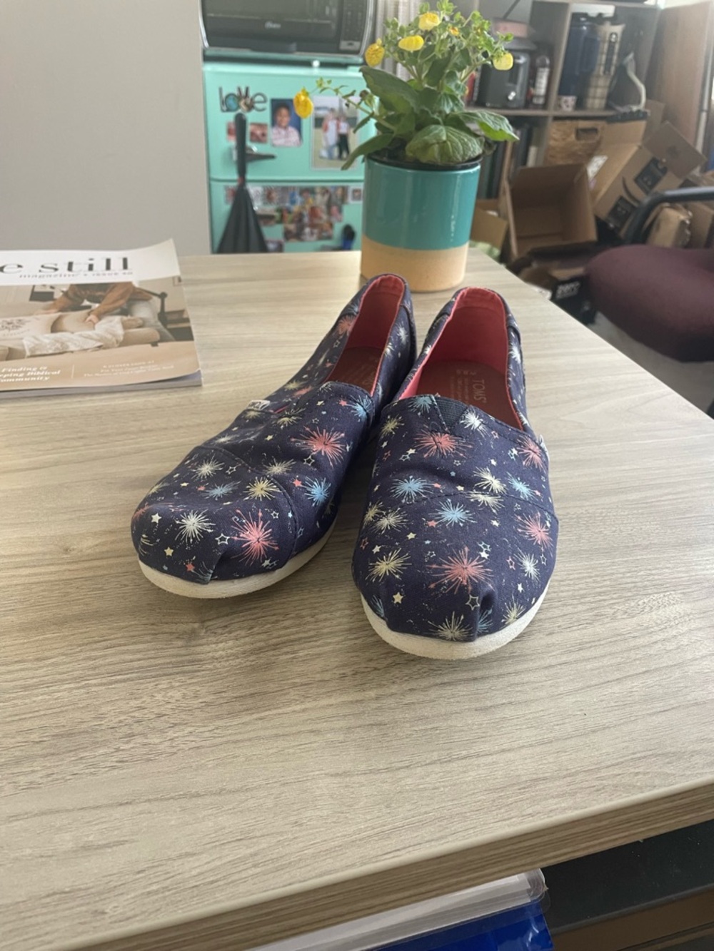 Toms Navy Slip-On with Multicolor Firework Print and Pink Lining